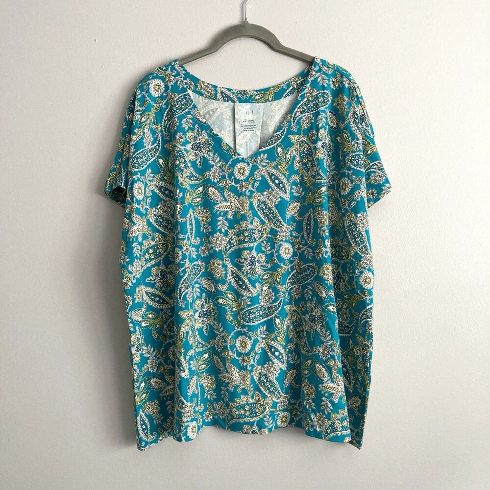 J. Jill Luxe Supima Pleat-Back Tee Teal Paisley Floral V-Neck Top Womens Size 2X